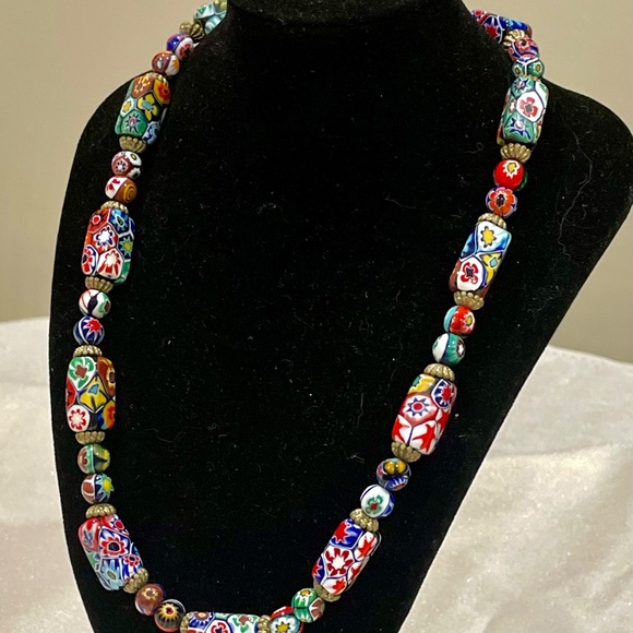RARE Vintage Murano Millefiori Moretti Venetian Rectangle Glass Bead Necklace - Picture 9 of 11
